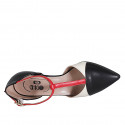 Woman's pointy open T-strap shoe in black, red and cream-colored leather heel 7 - Available sizes:  32, 35