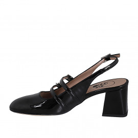 Mary Jane slingback pour femmes avec deux courroies en cuir verni noir talon 5 - Pointures disponibles:  45 2