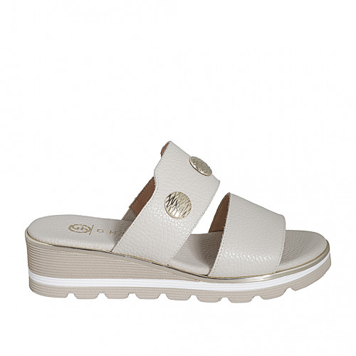 Woman's mule with elastic band and buttons in light beige leather wedge heel 4 - Available sizes:  33, 34, 35, 42, 43, 44, 46