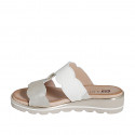 Woman's mule with elastic band and button in white and platinum leather wedge heel 3 - Available sizes:  32, 34, 35, 42, 43, 44, 46