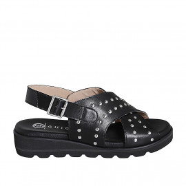 Sandale pour femmes en cuir noir avec goujons talon compensé 3 - Pointures disponibles:  32, 33, 35, 42, 43, 44, 45, 46