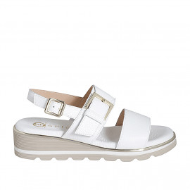 Woman's sandal in white leather with elastic band and buckle wedge heel 4 - Available sizes:  32, 35, 42, 43, 44, 45, 46