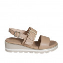 Woman's sandal in hazelnut brown leather with elastic band and buckle wedge heel 4 - Available sizes:  42, 43, 45, 46