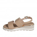 Woman's sandal in hazelnut brown leather with elastic band and buckle wedge heel 4 - Available sizes:  42, 43, 45, 46