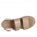Woman's sandal in hazelnut brown leather with elastic band and buckle wedge heel 4 - Available sizes:  42, 43, 45, 46