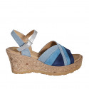 Sandale en daim bleu, bleuet et bleu gris et cuir lamé argent avec courroie, plateforme et talon compensé 7 - Pointures disponibles:  31, 32, 34, 35, 42, 44