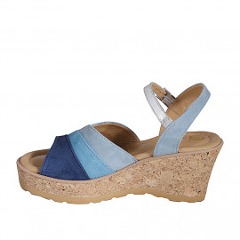 Woman's sandal in blue, cornflower blue and blue grey suede and laminated silver leather with strap, platform and wedge heel 7 - Available sizes:  31 2