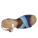 Sandale en daim bleu, bleuet et bleu gris et cuir lamé argent avec courroie, plateforme et talon compensé 7 - Pointures disponibles:  31, 32, 34, 35, 42, 44