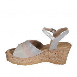 Woman's sandal in grey, rose, beige laminated suede and laminated silver leather with strap, platform and wedge heel 7 - Available sizes:  31, 35 2