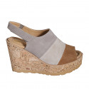 Woman's sandal with velcro, platform and elastic in cognac brown, beige and grey suede wedge heel 9 - Available sizes:  32, 35