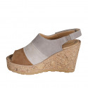 Woman's sandal with velcro, platform and elastic in cognac brown, beige and grey suede wedge heel 9 - Available sizes:  32, 35