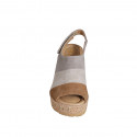 Woman's sandal with velcro, platform and elastic in cognac brown, beige and grey suede wedge heel 9 - Available sizes:  32, 35