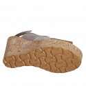 Woman's sandal with velcro, platform and elastic in cognac brown, beige and grey suede wedge heel 9 - Available sizes:  32, 35