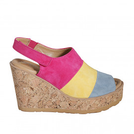 Woman's sandal with velcro, platform and elastic in blue grey, yellow and fuchsia suede wedge heel 9 - Available sizes:  31, 32, 35