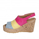 Sandale pour femmes avec velcro, plateau et elastique en daim bleu gris, jaune et fucsia talon compensé 9 - Pointures disponibles:  31, 32, 35