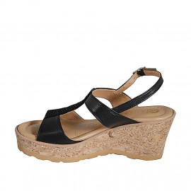 Woman's sandal in black leather and suede with rhinestones, platform and wedge 7 - Available sizes:  31, 42, 44, 45 2