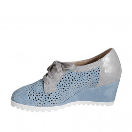 Woman's laced shoe in blue grey pierced suede and silver laminated leather with removable insole wedge heel 6 - Available sizes:  44 2