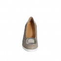 Woman's pump with removable insole and accessory in beige pierced leather and laminated platinum suede wedge heel 6 - Available sizes:  33, 34, 35