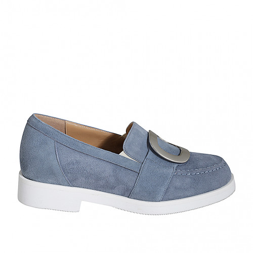 Scarpa accollata da donna con elastici e accessorio in camoscio azzurro avio tacco 3 - Misure disponibili: 32, 35, 42, 45