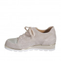 Woman's laced shoe with removable insole and zipper in beige suede and platinum laminated leather wedge heel 3 - Available sizes:  42