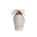 Woman's laced shoe with removable insole and zipper in beige suede and platinum laminated leather wedge heel 3 - Available sizes:  42