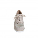 Woman's laced shoe with removable insole and zipper in beige suede and platinum laminated leather wedge heel 3 - Available sizes:  42