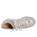 Woman's laced shoe with removable insole and zipper in beige suede and platinum laminated leather wedge heel 3 - Available sizes:  42