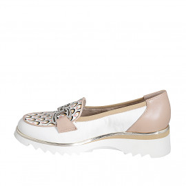 Woman's mocassin with accessory in white, nude and multicolored printed leather wedge heel 4 - Available sizes:  35, 42, 45 2