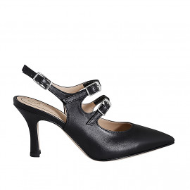 Mary Jane à bout pointu ouverte au talon pour femmes avec deux courroies en cuir noir talon 7 - Pointures disponibles:  42, 44