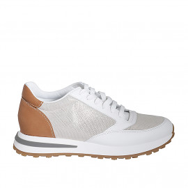 Woman's laced sneaker with removable insole in white and cognac brown leather and platinum laminated fabric wedge heel 4 - Available sizes:  42, 44, 46
