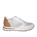 Woman's laced sneaker with removable insole in white and cognac brown leather and platinum laminated fabric wedge heel 4 - Available sizes:  42, 44, 46