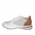Woman's laced sneaker with removable insole in white and cognac brown leather and platinum laminated fabric wedge heel 4 - Available sizes:  42, 44, 46