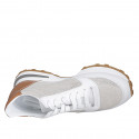 Woman's laced sneaker with removable insole in white and cognac brown leather and platinum laminated fabric wedge heel 4 - Available sizes:  42, 44, 46