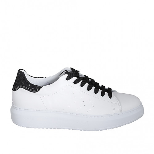 Woman's laced shoe with removable insole in white and black glittered leather wedge heel 4 - Available sizes:  42, 44, 46