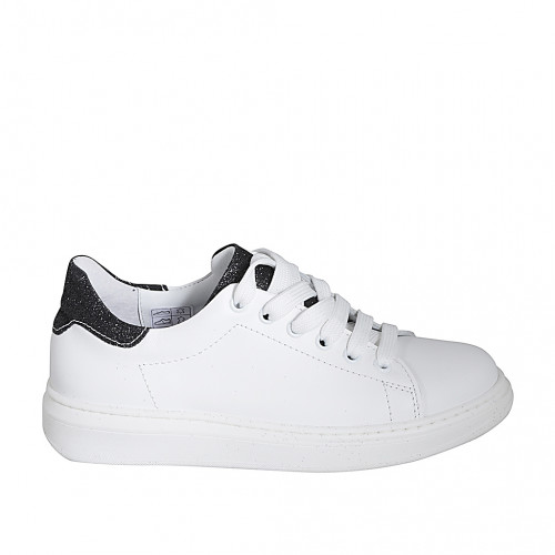Woman's laced shoe with removable insole in white and black glittered leather wedge heel 3 - Available sizes:  32, 33, 35