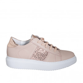 Woman's laced shoe with removable insole and sequins in pink and copper laminated leather wedge heel 4 - Available sizes:  43, 44, 46