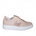 Scarpa stringata da donna con plantare estraibile e paillettes in pelle rosa e laminata rame zeppa 4 - Misure disponibili: 43, 44, 46