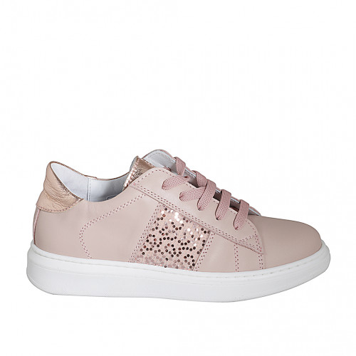 Scarpa stringata da donna con plantare estraibile e paillettes in pelle rosa e laminata rame zeppa 3 - Misure disponibili: 32, 33, 35