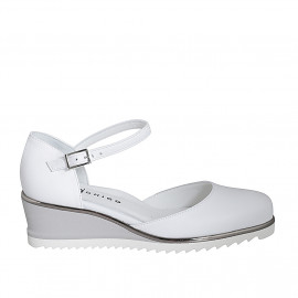 Woman's open shoe with strap in white leather wedge heel 5 - Available sizes:  32, 34, 35, 42, 43, 44, 45