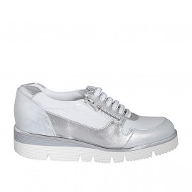 Scarpa stringata con cerniere in pelle bianca e pelle laminata argento zeppa 4 - Misure disponibili: 32, 42, 43, 44
