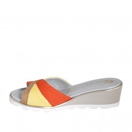 Woman's mule in yellow, cognac brown and orange suede wedge heel 4 - Available sizes:  35 2