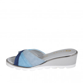 Woman's mule in light blue, blue grey and blue suede wedge heel 4 - Available sizes:  35 2