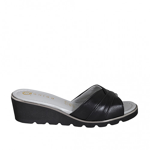 Mule pour femmes en cuir noir talon compensé 4 - Pointures disponibles:  33, 34, 35, 43