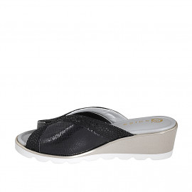 Woman's mule in black printed leather and printed suede wedge heel 4 - Available sizes:  35 2