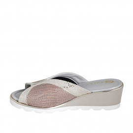 Mule pour femmes en daim beige imprimé platine et cuir imprimé marron clair talon compensé 4 - Pointures disponibles:  35 2