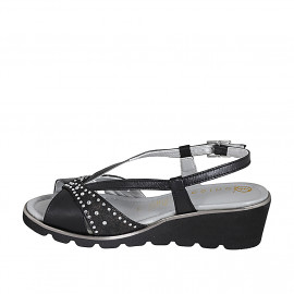 Sandalo da donna in pelle e camoscio stampato laminato nero con strass e zeppa 4 - Misure disponibili: 35, 43 2