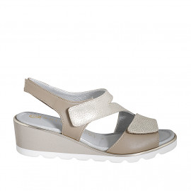 Woman's mules in beige leather and platinum laminated beige printed suede with velcro strap and wedge heel 4 - Available sizes:  32, 35, 44, 45