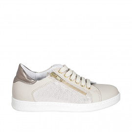 Woman's laced shoe with removable insole and zipper in beige and bronze laminated leather,platinum laminated fabric wedge heel 2 - Available sizes:  32, 33, 35