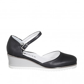 Woman's open shoe with strap in black leather wedge heel 5 - Available sizes:  32, 34, 35, 42, 43, 44