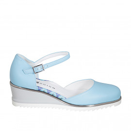 Woman's open shoe with strap in light blue leather wedge heel 5 - Available sizes:  33, 34, 42, 43, 44, 45